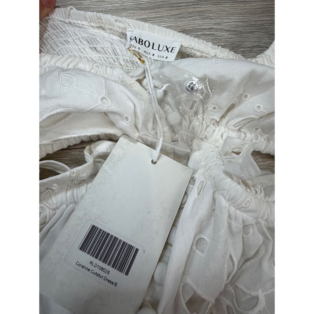 Sabo Luxe Coraline Cutout Dress White Eyelet Cotton Mini Puff Sleeve Size S NEW - Picture 2 of 8